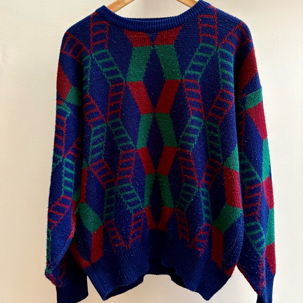 Men's Geometric Pattern Crewneck Sweater - Blue/Green/Red